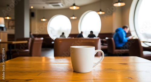 A solitary white coffee mug sits on a rustic wooden table in a cozy cafe interior