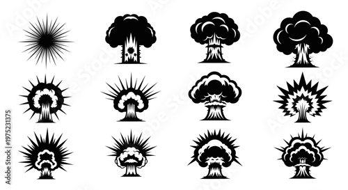 Explosion Icons: Nuclear Blast, Mushroom Cloud, Bomb Detonation Symbols