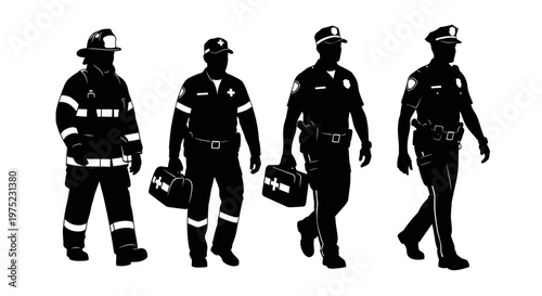 Emergency Services Silhouettes: Firefighter, Paramedic, Police Officers Walking