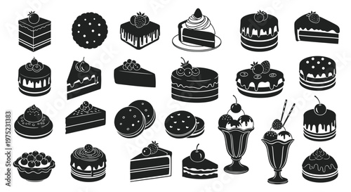 Dessert Icons: Cakes, Pies, Cookies, and Ice Cream Sundaes - Black and White Graphics