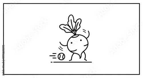 Cute cartoon beet character playing with a tennis ball, healthy food concept, fun illustration