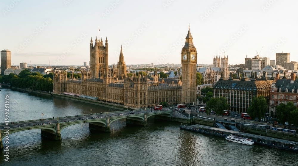 Fototapeta premium London, expansive skyline in clear daylight, gothic revival stonework along the river, the clock tower and parliament facade glowing in low sun, featuring london, exterior, stone, victorian, subtle