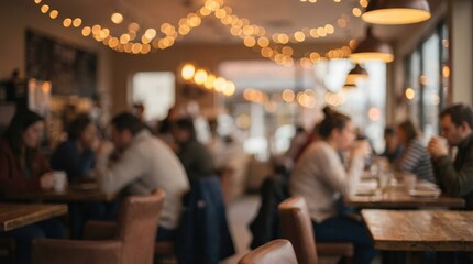 A blurred cafe interior with warm bokeh lights, cozy atmosphere, soft focus, photorealistic, 8K,no logos