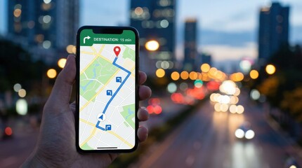 A navigation map displayed on a smartphone showing route and destination, city background blurred, photorealistic, 8K,no logos