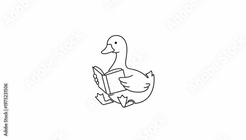 Cute cartoon duck reading a book, sitting and learning, illustration
