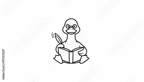 Cute cartoon duck wearing glasses reading a book and writing with a quill pen