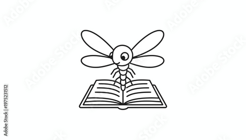 Cute cartoon dragonfly reading a book, educational concept, black and white line art
