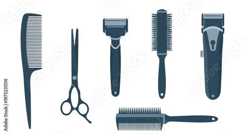 Barber Tools Collection: Comb, Scissors, Razor, Brushes, Clipper