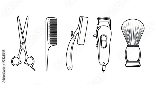 Barber Tools Set Outline: Scissors, Comb, Razor, Clipper, Brush