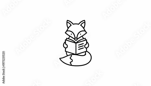 Cute cartoon fox reading a book, simple line art illustration on white background