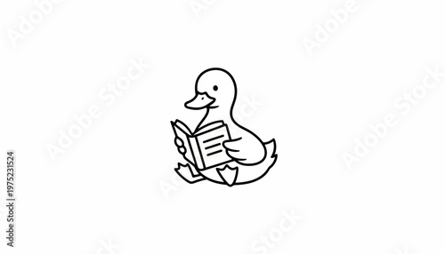 Cute cartoon duckling reading a book, black and white line art illustration, isolated on white background.