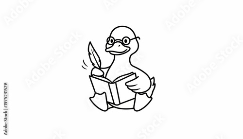 Cute cartoon duckling wearing glasses reading a book with a quill pen, black and white illustration