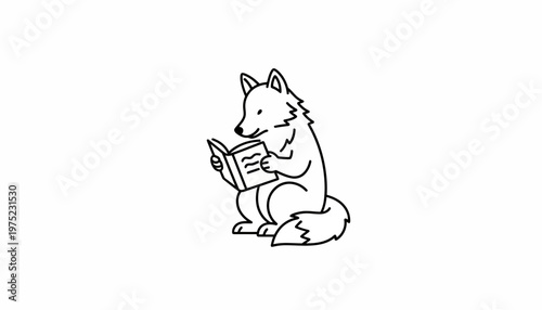 Cute cartoon fox reading a book, sitting and studying, black and white illustration