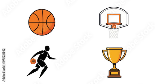 Basketball Elements: Ball, Hoop, Player Silhouette, and Trophy - Vector Icons
