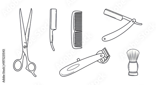 Barber Tools Set: Scissors, Comb, Clipper, Razor, Brush - Vintage Line Art