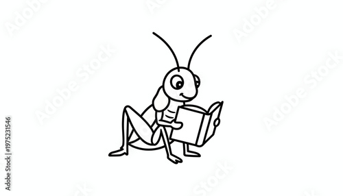 Cute cartoon grasshopper reading a book, black and white line art, educational concept