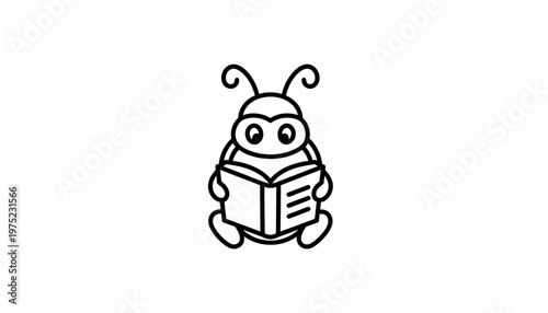 Cute cartoon ladybug reading a book, educational concept, black and white line art