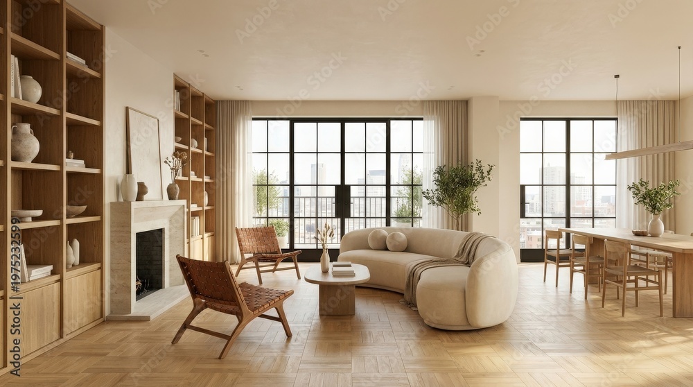 Fototapeta premium sun-washed luxury living room interior mockup, bookcase walls, a sculpted sofa, accent chair, fireplace, broad windows, parquet flooring and a seamless dining area, balanced decor and clean