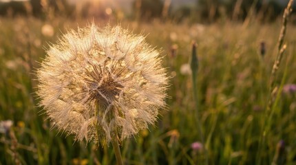 An extreme close-up of a dandelion seed head, delicate filaments glowing in soft sunset light, dreamy summer mood with gentle breeze and poetic stillness, photorealistic macro botanical photography,