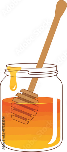 Honey in glass jar with wooden dipper in warm golden lighting for food and drink on transparent background