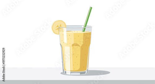 Fresh banana smoothie in a glass with a straw on a clean background.