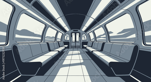 Empty train interior with seats and windows showing landscape