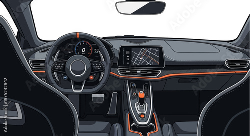 Modern car interior with dashboard and navigation screen.