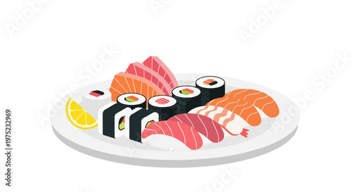 A delicious assortment of sushi and sashimi on a white plate.