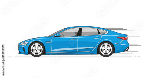 Blue sedan car driving fast with motion lines