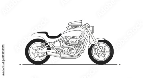 Line art illustration of a custom motorcycle on a white background.
