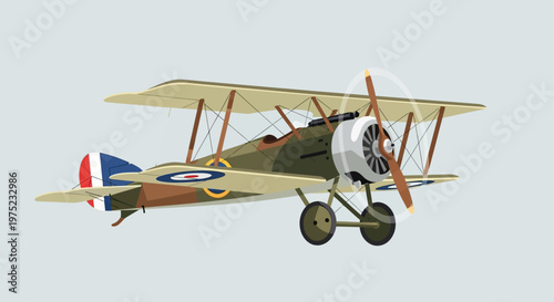 Vintage biplane aircraft flying against a light blue sky