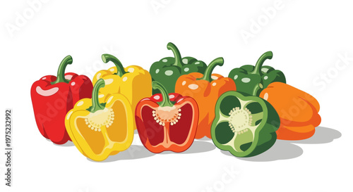 Assortment of fresh, colorful bell peppers on a white background