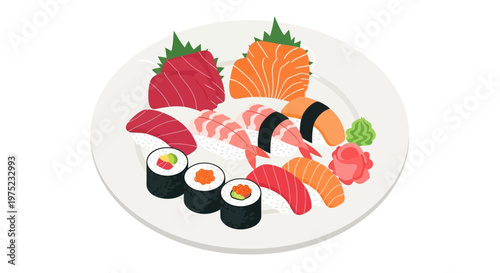 Delicious sushi platter with assorted sashimi and maki rolls.