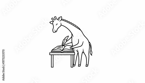 Cute Giraffe Writing with Feather Pen at Desk, Cartoon Style
