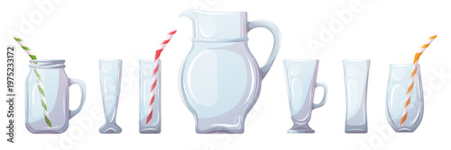Vector illustration of glassware set with pitcher and glasses