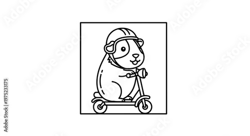 Cute Guinea Pig Riding a Scooter with Helmet, Cartoon Style