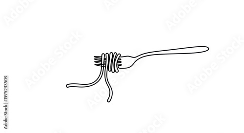 Minimalist single line drawing of spaghetti twirled on a fork, isolated on white background