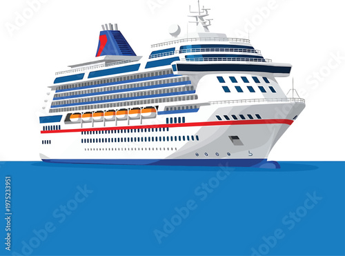 Large cruise ship with blue and red accents on calm blue water in sunny daytime for travel advertising on transparent background