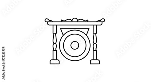 Gong on a decorative stand, traditional musical instrument icon, outline vector illustration