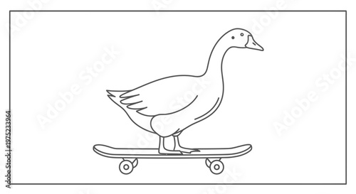 Goose riding a skateboard, black and white line drawing, funny animal illustration