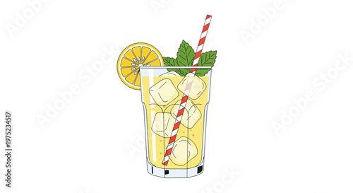Minimalist illustration of a refreshing glass of iced lemonade with lemon and mint