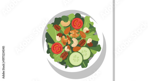 Top view illustration of a fresh salad bowl with mixed nuts and vegetables