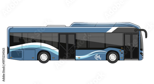 Modern blue hydrogen fuel cell bus on a white background.