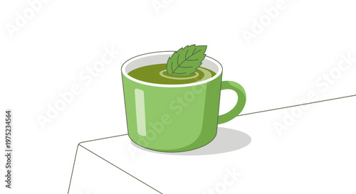 A vibrant green mug with a fresh mint leaf on a clean white background.