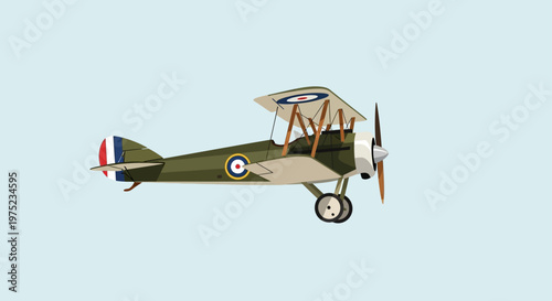 Vintage biplane aircraft in profile against a light blue background