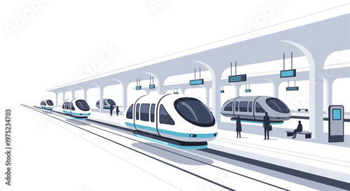 Futuristic high speed train arriving at a modern minimalist station platform.