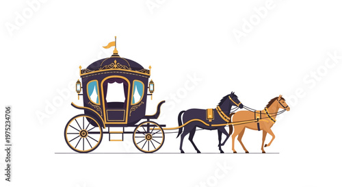Elegant vintage royal horse carriage with two horses isolated on white background