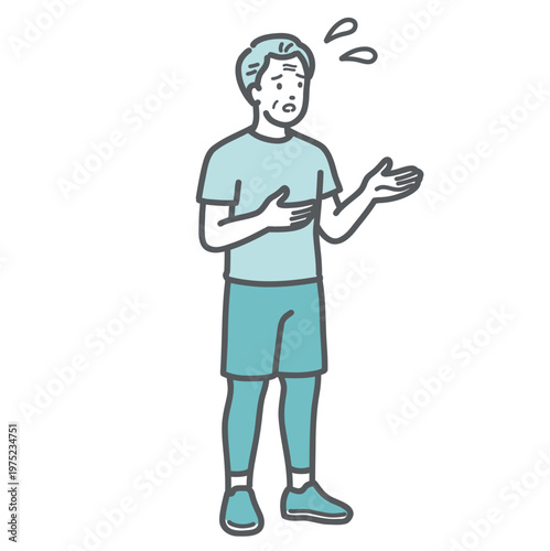 困り顔で相談や会話をするスポーツウェア姿のシニア男性のイラスト