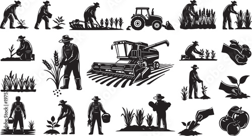 Agricultural workers and farming equipment silhouettes on white background