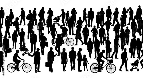 Crowd Silhouette: Diverse People Walking, Cycling, and Pushing Strollers on White Background